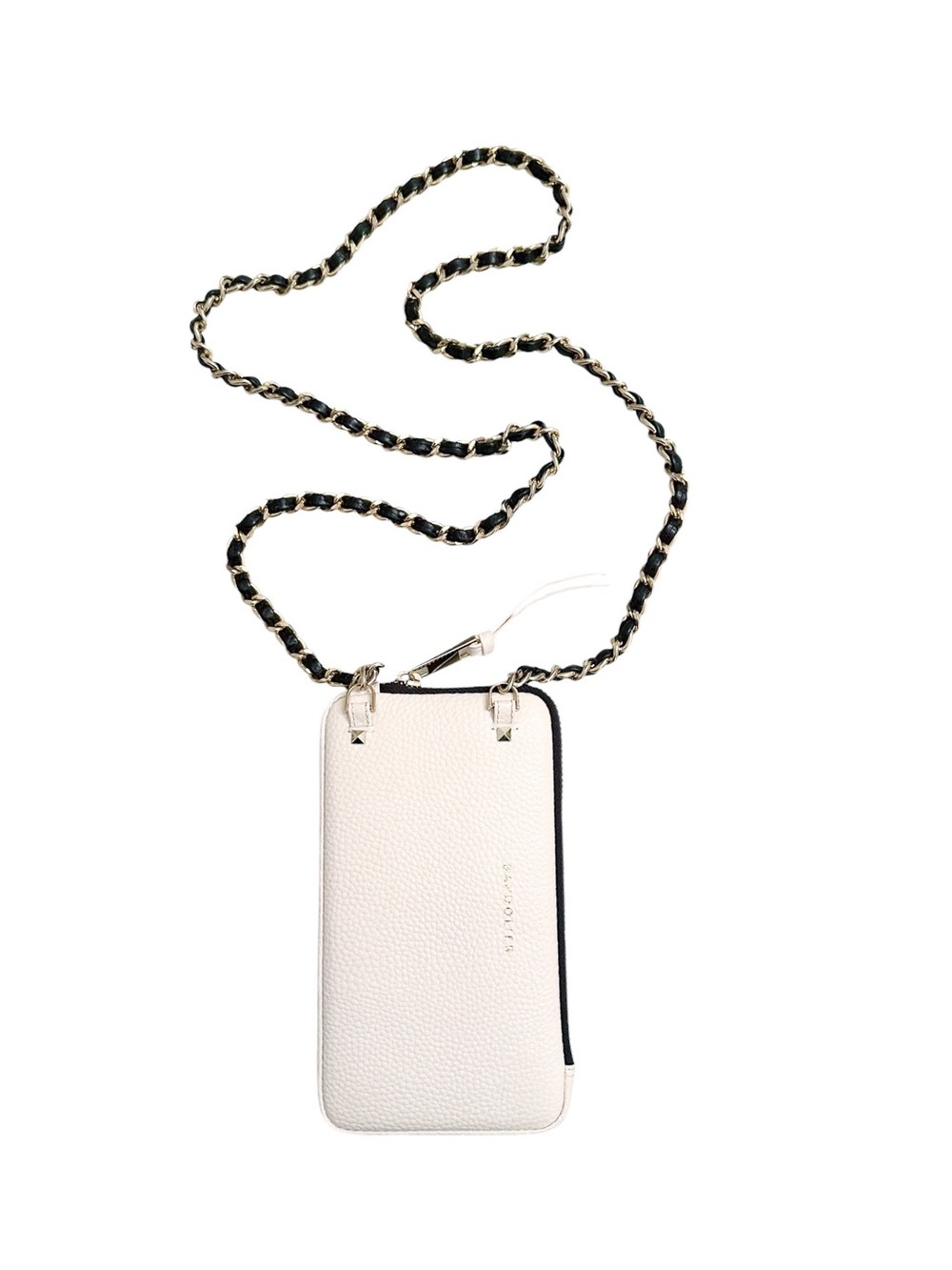 Bandolier Pebbled Leather Expanded Zip Pouch Ivory and Gold with Chain Strap